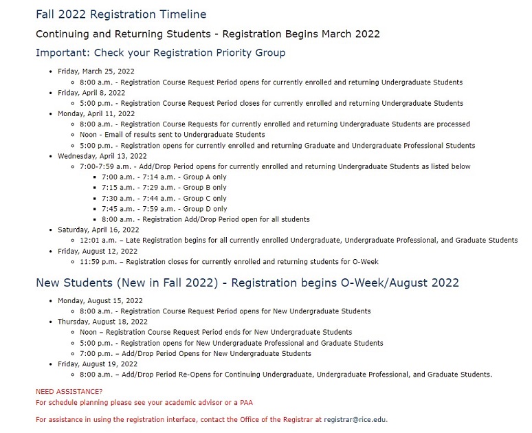 Fall 2022 Registration Timeline