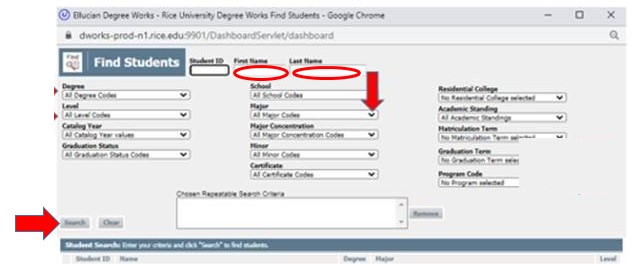 Select desired criteria from the Find Screen