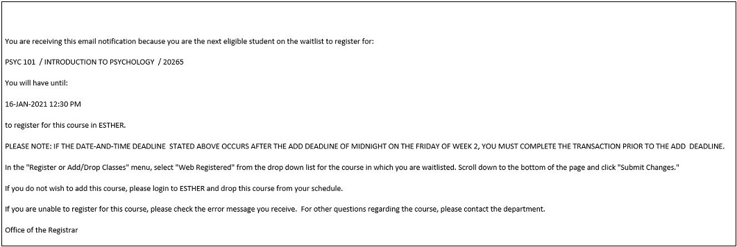 Sample Waitlist Notification email from the Office of the Registrar