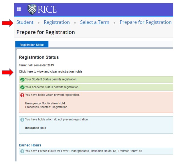 Link to checking registration holds
